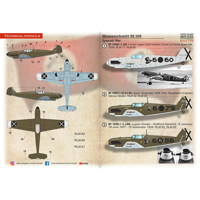 Print Scale 72-460 Decal Messerschmitt Bf 109. Spanish War Scale 1:72 for Aircraft Plastic model kit