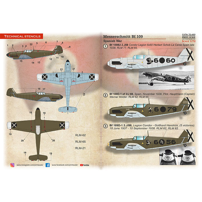 Print Scale 72-460 Decal Messerschmitt Bf 109. Spanish War Scale 1:72 for Aircraft Plastic model kit