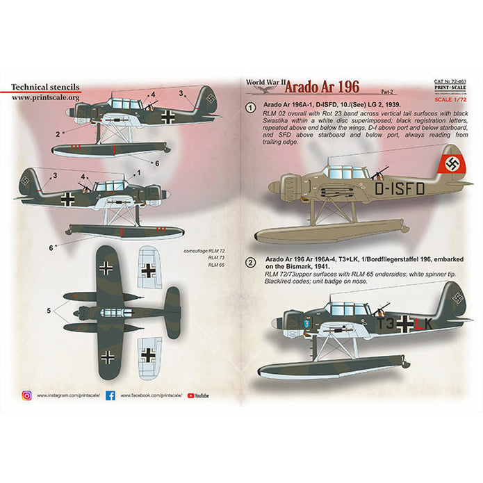 Print Scale 72-461 Decal Arado Ar 196 Scale 1:72 for Aircraft Plastic model kit