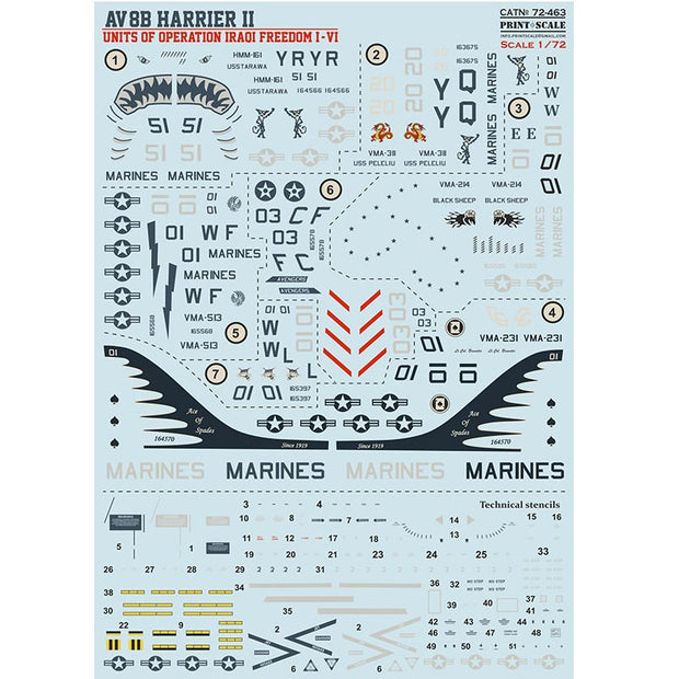 Print Scale 72-463 Decal 1:72 AV-8B Harrier. Units operation Iraqoi Freedom I-VI
