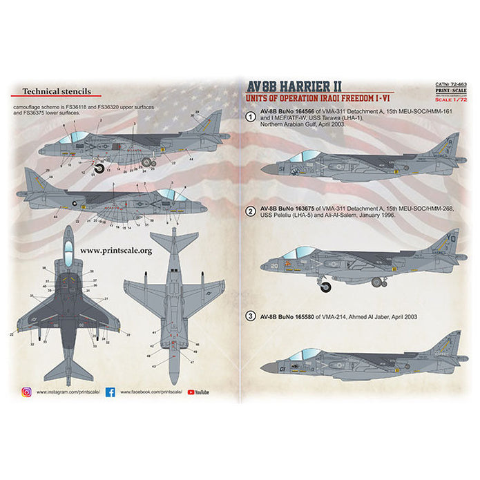 Print Scale 72-463 Decal 1:72 AV-8B Harrier. Units operation Iraqoi Freedom I-VI