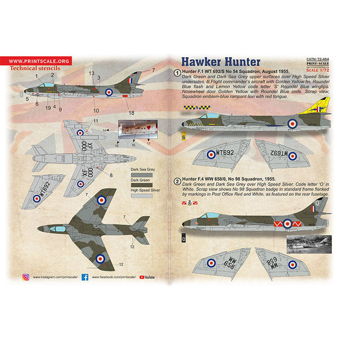 Print Scale 72-464 Decal Hawker Hunter F.1-F.6  Scale 1:72 for Aircraft Plastic model kit