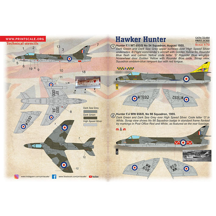 Print Scale 72-464 Decal Hawker Hunter F.1-F.6  Scale 1:72 for Aircraft Plastic model kit