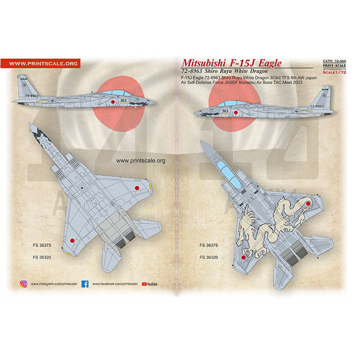Print Scale 72-466 Decal F-15 Mitsubishi F-15J Eagle White Dragon Scale 1:72 for Aircraft Plastic model kit