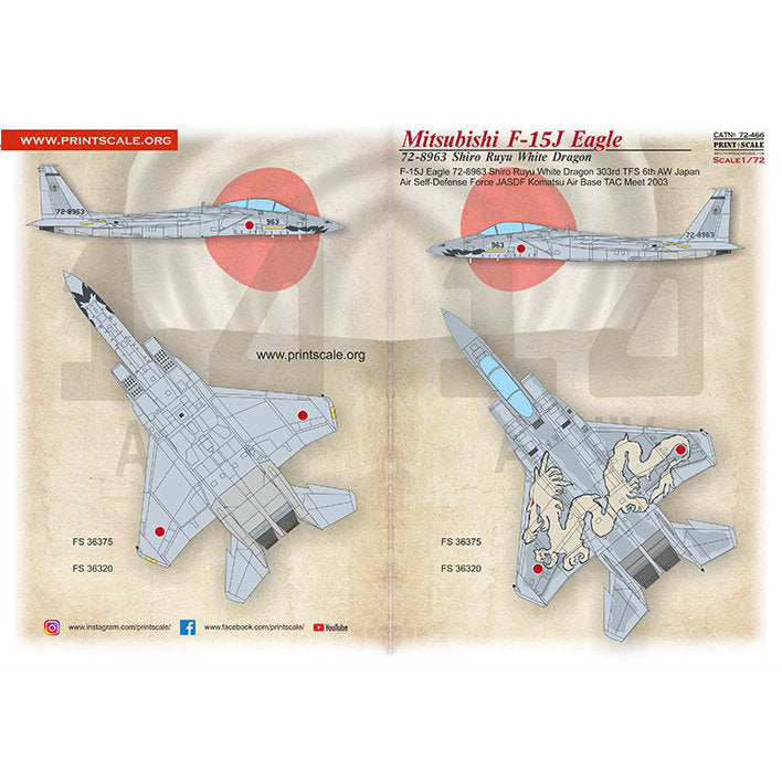 Print Scale 72-466 Decal F-15 Mitsubishi F-15J Eagle White Dragon Scale 1:72 for Aircraft Plastic model kit