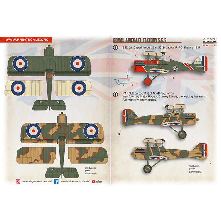 Print Scale 72-467 Decal Royal Aircraft Factory S.E.5 Scale 1:72 for Aircraft Plastic model kit