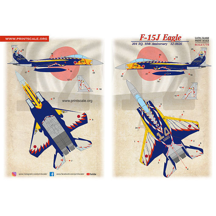Print Scale 72-468 Decal F-15J Eagle 204 Sq. 10th Anniversary Scale 1:72 for Aircraft Plastic model kit