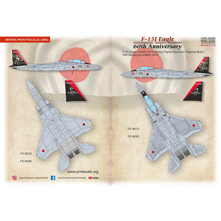 Print Scale 72-470 Decal F-15J 60-th Anniversary Part 2 Scale 1:72 for Aircraft Plastic model kit