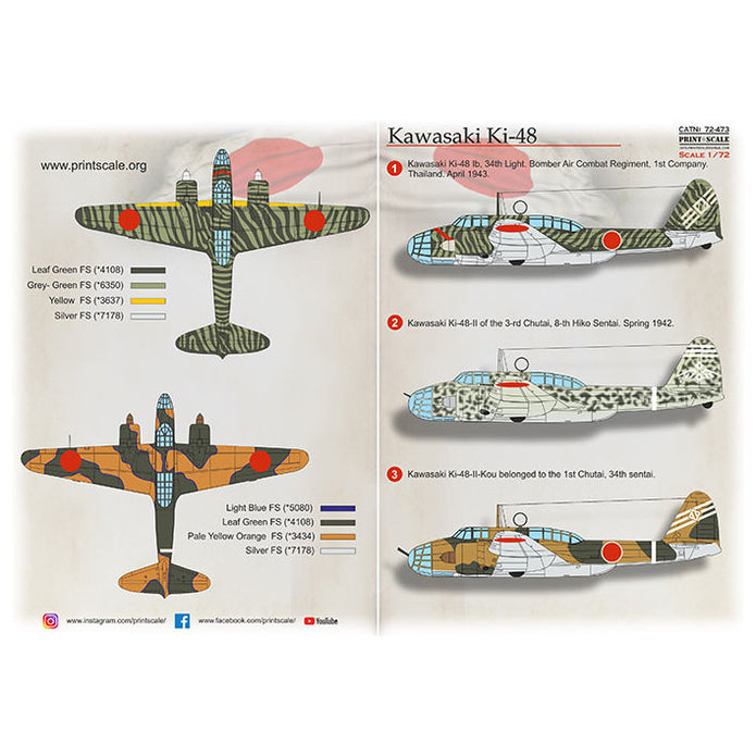 Print Scale 72-473 Decal Kawasaki Ki-48 Scale 1:72 for Aircraft Plastic model kit
