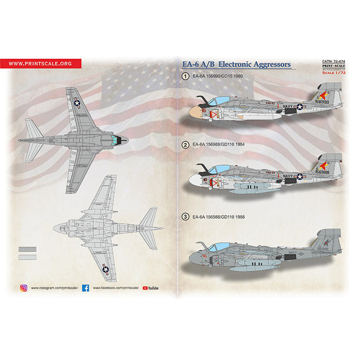 Print Scale 72-474 Decal GrummanEA-6A Intruder Electronic Aggressor Scale 1:72 for Aircraft Plastic model kit