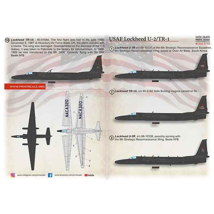 Print Scale 72-475 Decal Lockheed U-2/TR-1 The complete set 1.5 leaf  Scale 1:72 for Aircraft Plastic model kit