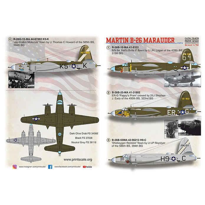 Print Scale 72-476 Decal B-26 Marauder Part 2  Scale 1:72 for Aircraft Plastic model kit