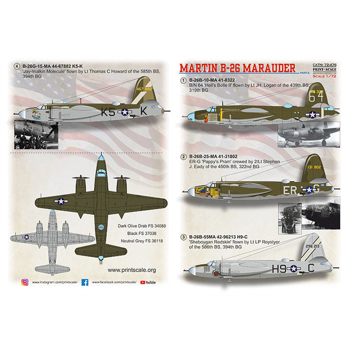 Print Scale 72-476 Decal B-26 Marauder Part 2  Scale 1:72 for Aircraft Plastic model kit