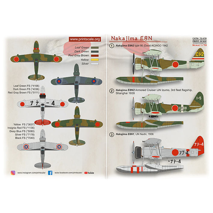 Print Scale 72-478 Decal Nakajima E8N2 Scale 1:72 for Aircraft Plastic model kit