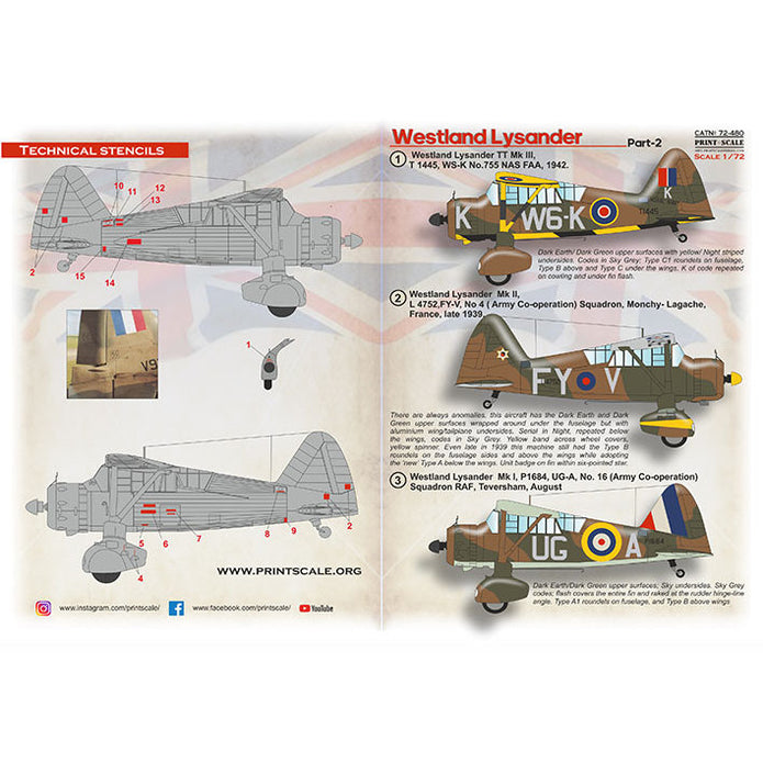 Print Scale 72-480 Decal Westland Lysander Part 2 Scale 1:72 for Aircraft Plastic model kit