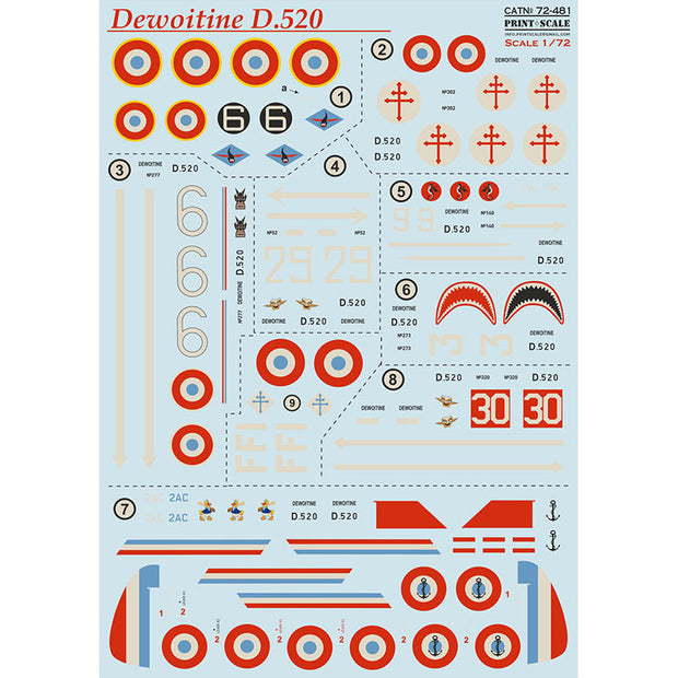 Print Scale 72-481 Decal Dewoitine D.520 Part 2 Scale 1:72 for Aircraft Plastic model kit