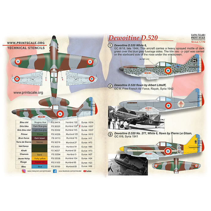 Print Scale 72-481 Decal Dewoitine D.520 Part 2 Scale 1:72 for Aircraft Plastic model kit