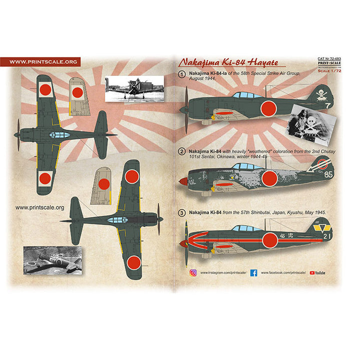 Print Scale 72-483 Decal Nakajima Ki-84 Hayate  Scale 1:72 for Aircraft Plastic model kit