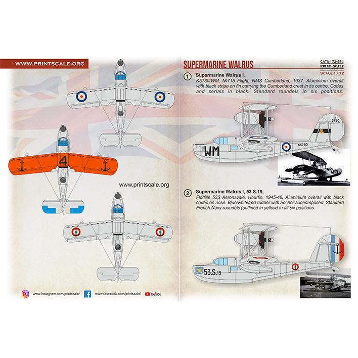 Print Scale 72-484 Decal Supermarine Walrus  Scale 1:72 for Aircraft Plastic model kit