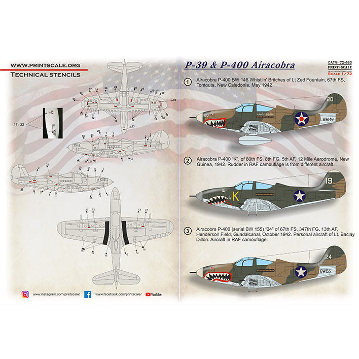 Print Scale 72-485 Decal Bell P-39 Airacobra Scale 1:72 for Aircraft Plastic model kit