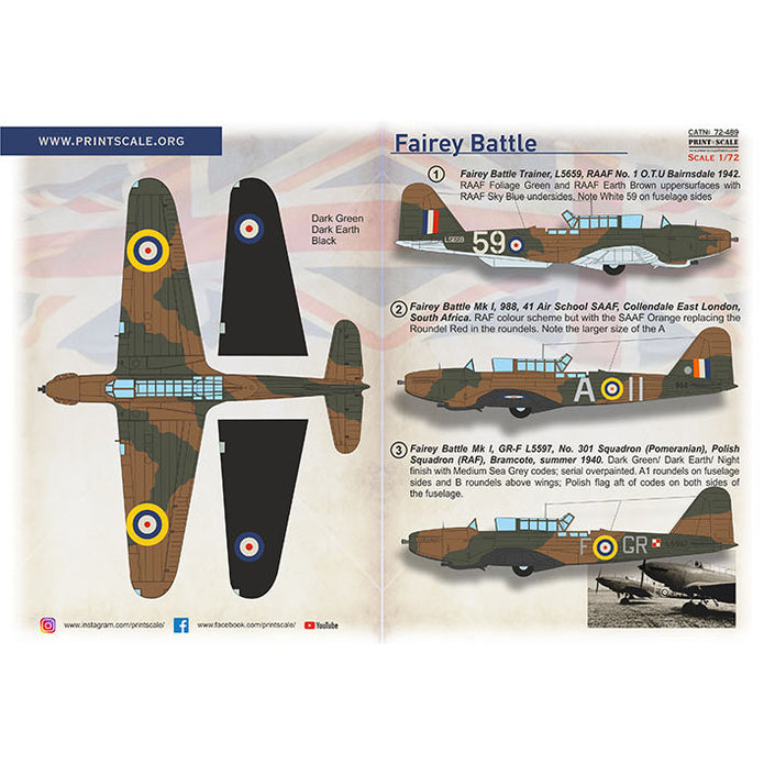 Print Scale 72-489 Decal Fairey Battle Part 2 Scale 1:72 for Aircraft Plastic model kit