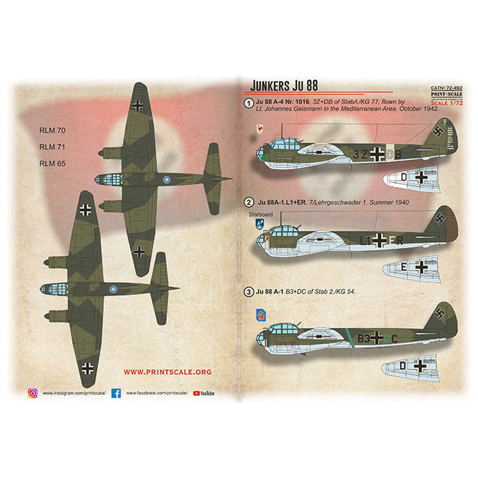 Print Scale 72-492 Decal Junkers Ju 88 Scale 1:72 for Aircraft Plastic model kit
