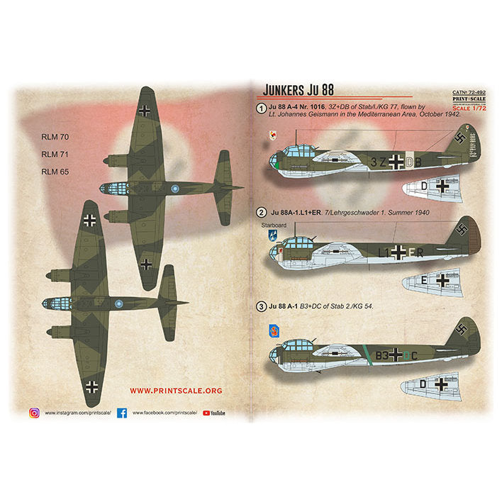 Print Scale 72-492 Decal Junkers Ju 88 Scale 1:72 for Aircraft Plastic model kit