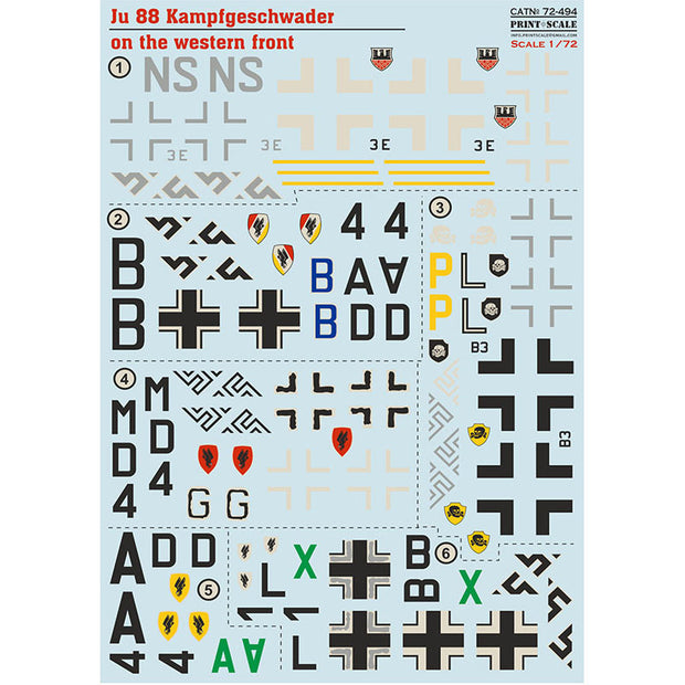Print Scale 72-494 Decal 1:72 Ju 88 Kampfgeschwader on the Western Fron. The complete set 1.5 leaf