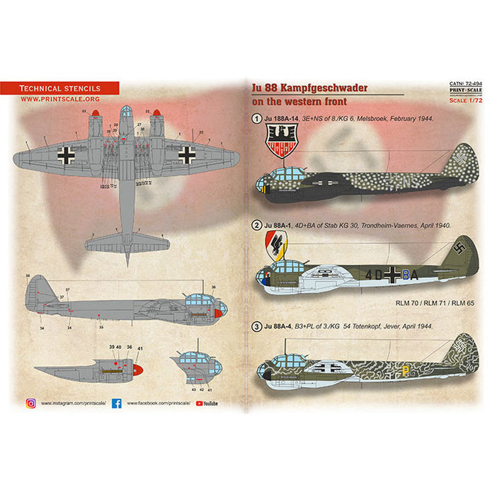 Print Scale 72-494 Decal 1:72 Ju 88 Kampfgeschwader on the Western Fron. The complete set 1.5 leaf