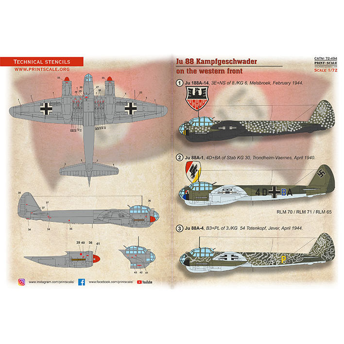 Print Scale 72-494 Decal 1:72 Ju 88 Kampfgeschwader on the Western Fron. The complete set 1.5 leaf