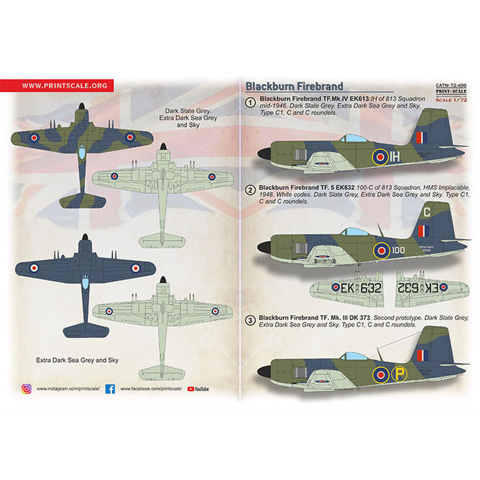Print Scale 72-496 Decal Blackburn B.46 Firebrand TF.Mk.5 Scale 1:72 for Aircraft Plastic model kit