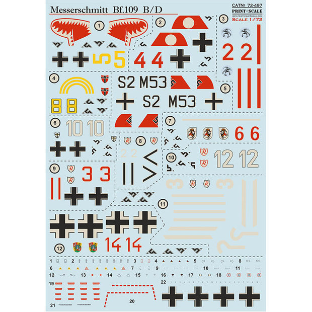 Print Scale 72-497 Decal Bf-109 Messerschmitt B/D  Scale 1:72 for Aircraft Plastic model kit