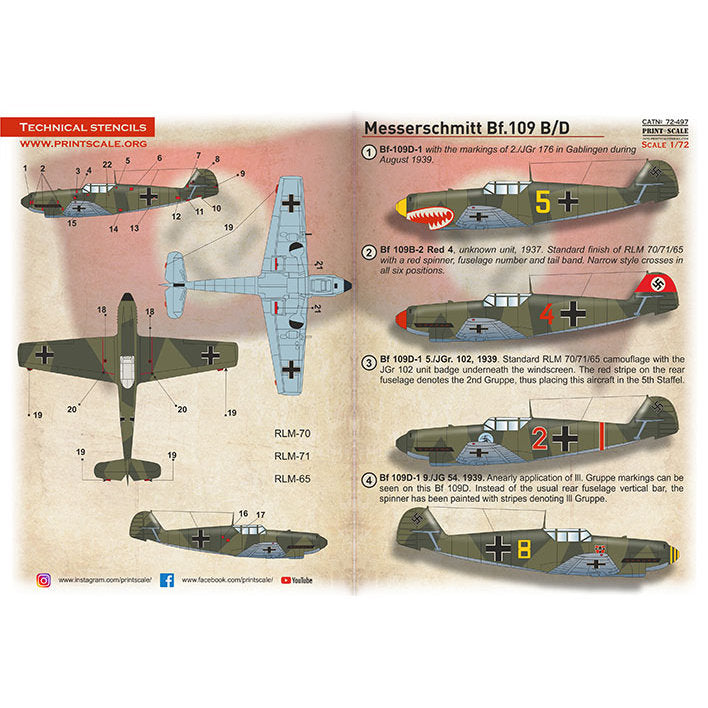 Print Scale 72-497 Decal Bf-109 Messerschmitt B/D  Scale 1:72 for Aircraft Plastic model kit
