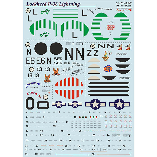 Print Scale 72-498 Decal P-38 Lightning in Bare Metal Scale 1:72 for Aircraft Plastic model kit
