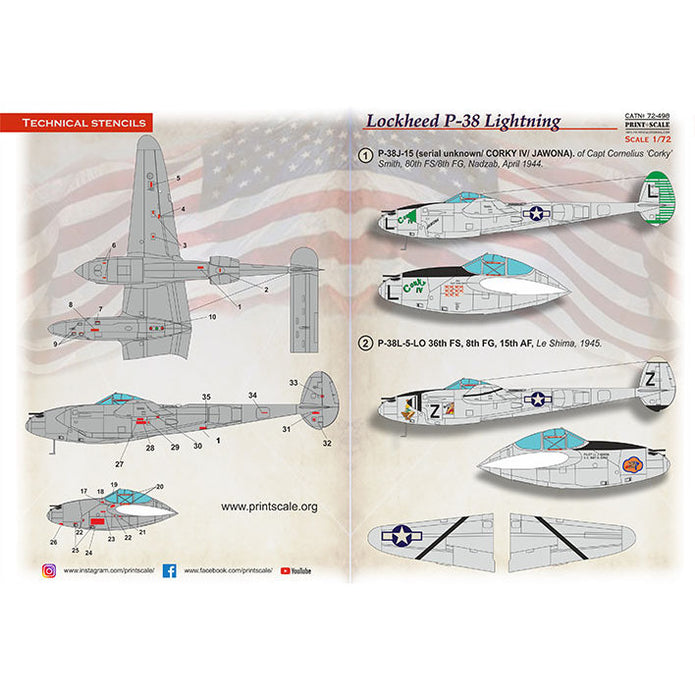 Print Scale 72-498 Decal P-38 Lightning in Bare Metal Scale 1:72 for Aircraft Plastic model kit