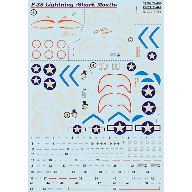 Print Scale 72-499 Decal Lockheed P-38 Lightning Shark Mouth Scale 1:72 for Aircraft Plastic model kit