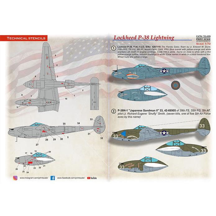 Print Scale 72-499 Decal Lockheed P-38 Lightning Shark Mouth Scale 1:72 for Aircraft Plastic model kit
