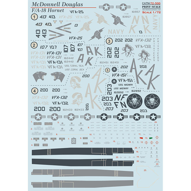 Print Scale 72-500 Decal Hornet FA-18A  Scale 1:72 for Aircraft Plastic model kit