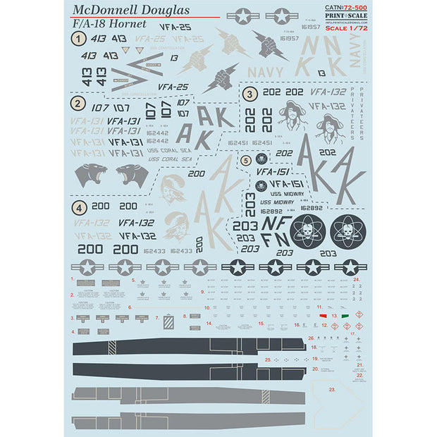 Print Scale 72-500 Decal Hornet FA-18A  Scale 1:72 for Aircraft Plastic model kit