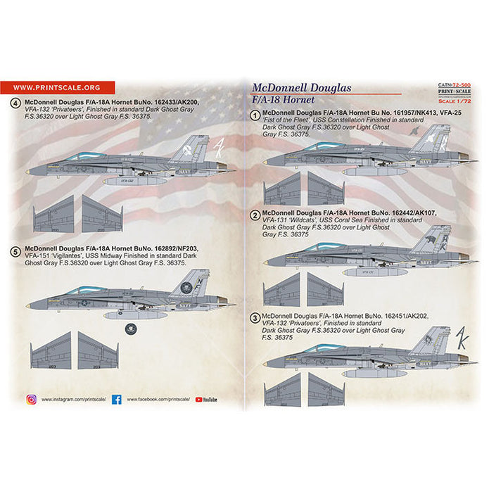 Print Scale 72-500 Decal Hornet FA-18A  Scale 1:72 for Aircraft Plastic model kit