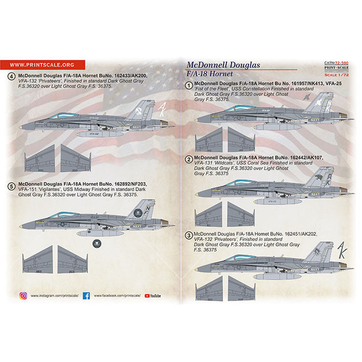 Print Scale 72-500 Decal Hornet FA-18A  Scale 1:72 for Aircraft Plastic model kit