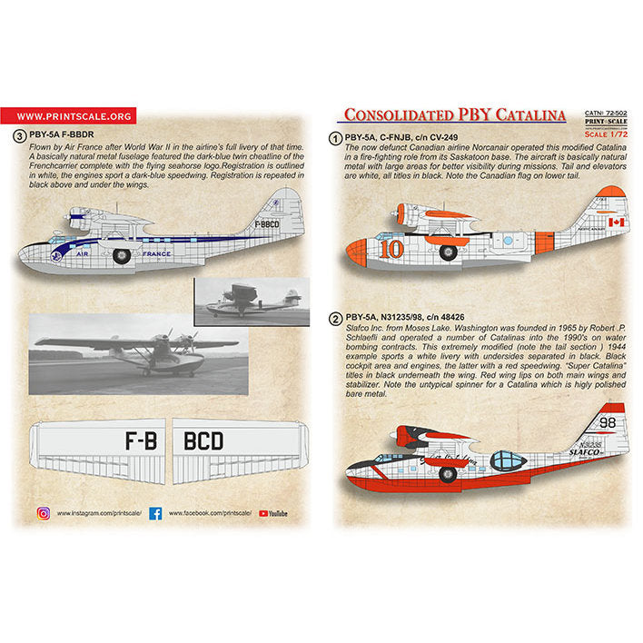 Print Scale 72-502 Decal Civil Consolidated PBY Catalina  Scale 1:72 for Aircraft Plastic model kit