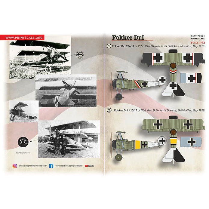 Print Scale 72-504 Decal Fokker Dr I Scale 1:72 for Aircraft Plastic model kit