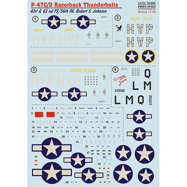 Print Scale 72-505 Decal P-47 C/D Razorback Robert S. Jonson Scale 1:72 for Aircraft Plastic model kit