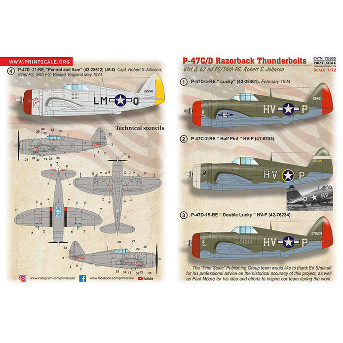 Print Scale 72-505 Decal P-47 C/D Razorback Robert S. Jonson Scale 1:72 for Aircraft Plastic model kit