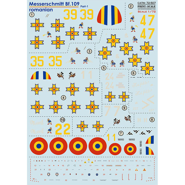 Print Scale 72-507 Decal Messerschmitt Bf 109 Roumains Part 1 Scale 1:72 for Aircraft Plastic model kit