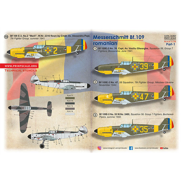 Print Scale 72-507 Decal Messerschmitt Bf 109 Roumains Part 1 Scale 1:72 for Aircraft Plastic model kit