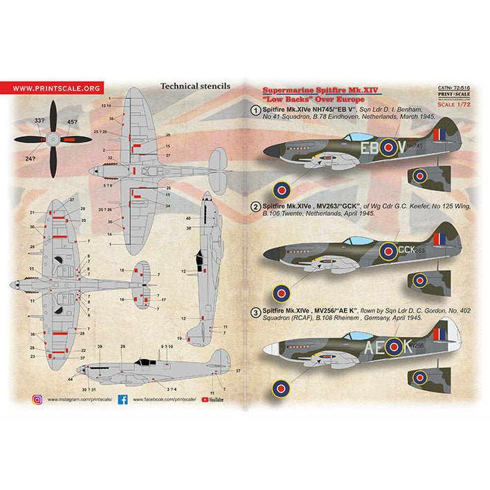 Print Scale 72-516 Decal 1:72 Supermarine Spitfire Mk lV (Low Backs) Over Europe
