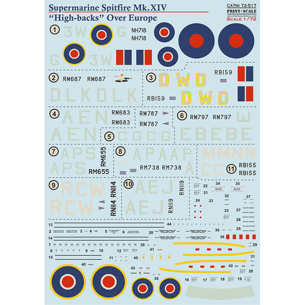 Print Scale 72-517 Decal 1:72 Supermarine Spitfire XIV "High Backs" Over Europe