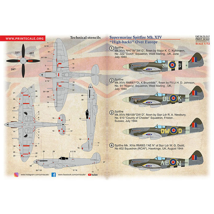 Print Scale 72-517 Decal 1:72 Supermarine Spitfire XIV "High Backs" Over Europe